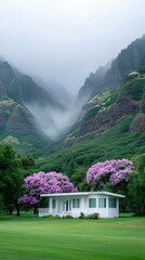 White House Nestled in Lush Valley with Purple Trees