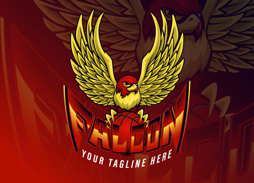 Falcon mascot illustration with wide wings holding a basketball, designed in bold red and gold colors. Dynamic sports logo style suitable for team branding, esports, school mascots, and athletic desig