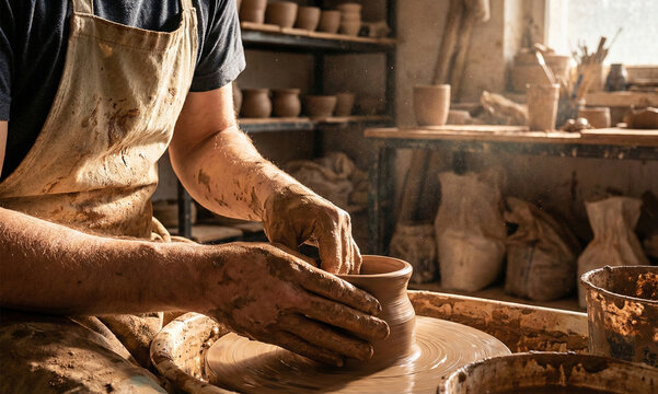 Potter Shaping Clay on Wheel, Art - Powered by Adobe