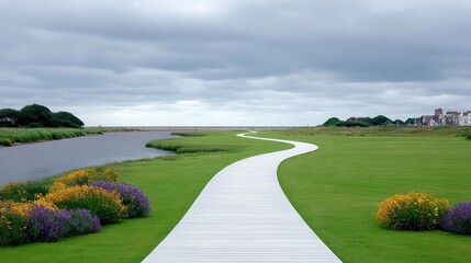 White pathway winding through green landscape under cloudy sky