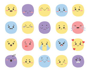 Set of colorful hand drawn faces with various expressions. Mental health, emotion, feeling concept. Doodle style