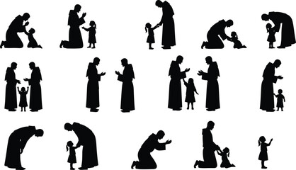 Collection of black silhouette figures showing a monk or priest giving spiritual guidance to a small girl, religious praying, kneeling, simple vector design, devotion, father and child.