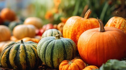 A collection of pumpkins in various colors and sizes fills the scene with vibrant greens oranges and yellows amidst fallen leaves. Sunlight enhances the rich autumn atmosphere.