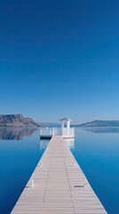 White Pier Extending Over Calm Lake Under Blue Sky
