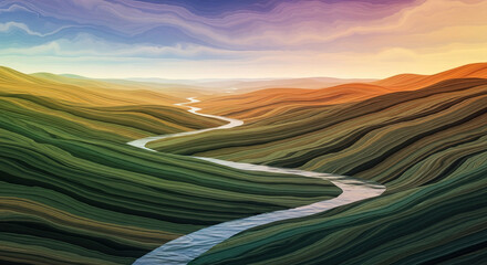 Serene valley landscape with a winding river under a dreamy sky, perfect for travel blogs, nature documentaries, and tranquil background visuals