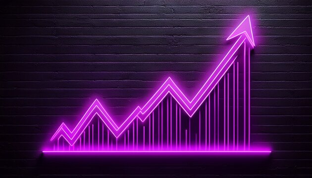 neon purple line graph with upward trend on black textured wall - Powered by Adobe