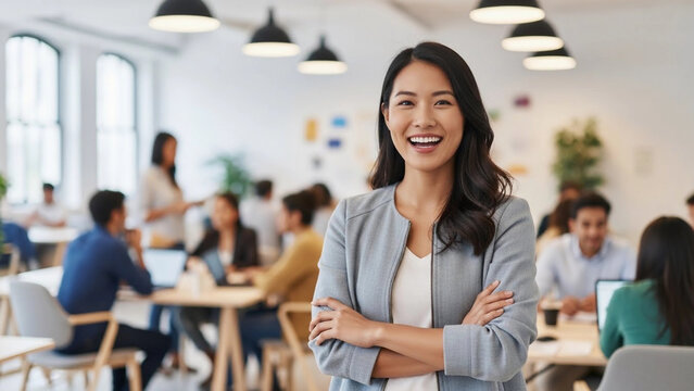 Young Asian woman smiling confidently in modern office setting  