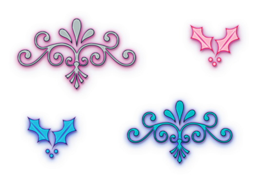 Glowing neon ornament elements isolated on transparent background. Bright neon ornaments in red, yellow, purple and blue colors. new year, christmas, wedding, birthday concepts.