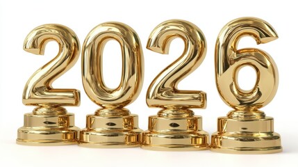 Elegant golden trophy numbers form the year 2026 symbolizing a future celebration of success and achievements at a prestigious event sparkling with ambition.