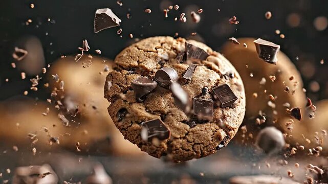 A chocolate chunk cookie captured in motion surrounded by flying chocolate pieces and crumbs against a dark blurred background