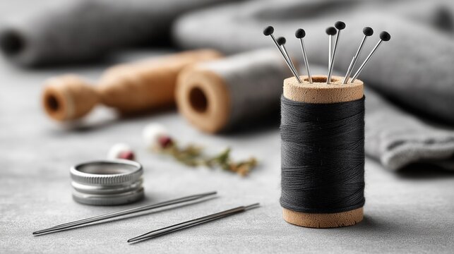 Black sewing thread spool used as pincushion with dressmaker pins, needles and metal thimble on gray fabric background, concept of minimal slow fashion craftsmanship - Powered by Adobe
