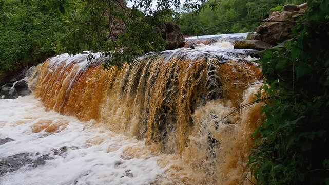 A powerful stream of murky brown water cascades over the rocks in the lush green forest, creating white foam as it flows down the river and highlighting the raw force of nature in the wild. Belarus Vy