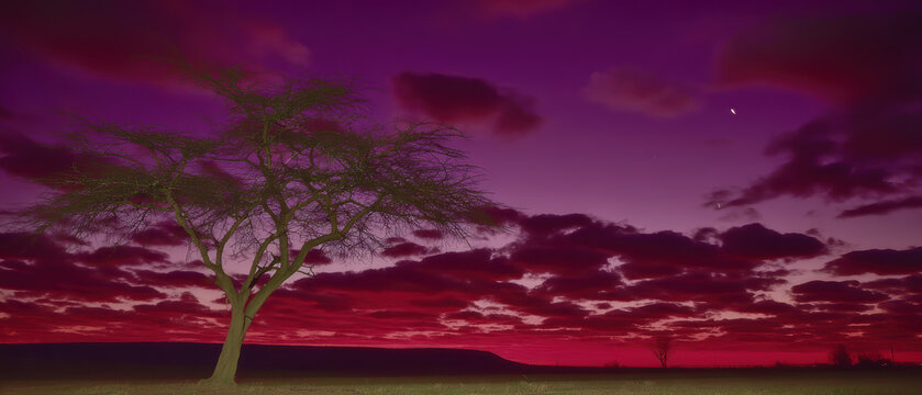 Lonely acacia tree at dramatic purple red sunset with textured clouds and distant horizon evoking calm and wonder