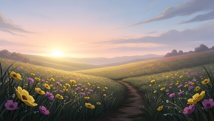 Sunrise Over Idyllic Wildflower Field with Winding Path perfect for website banner, blog header, greeting card, nature-themed design, social media background,
