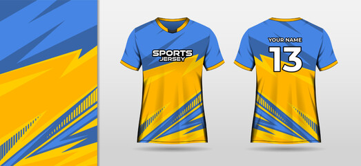 Sport jersey mockup with blue and yellow abstract background