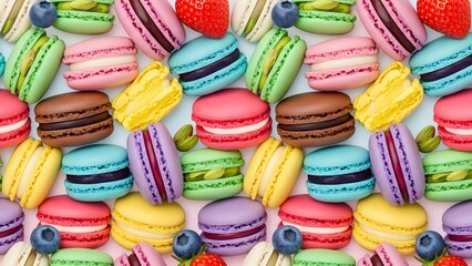 Vibrant Colorful Macarons Background with Fresh Berries and Pistachios perfect for website banner, social media post, blog header, food packaging, print media,