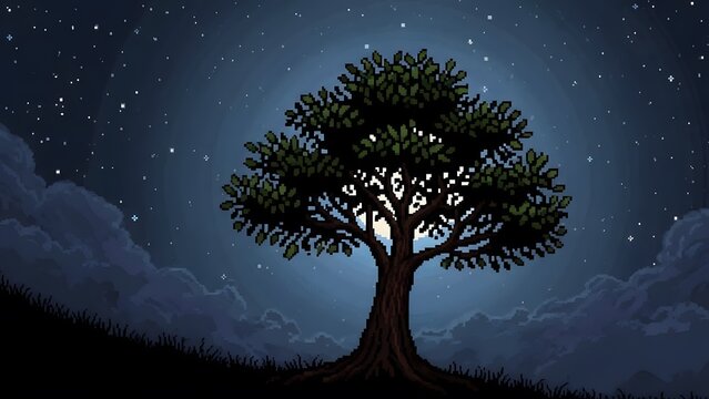 Pixel Art Tree Silhouette Under Starry Night Sky perfect for website background, game asset, digital wallpaper, album cover, social media graphic, blog header,