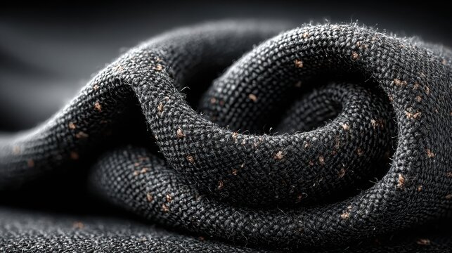 Close-up of rolled black tweed fabric with brown flecks in soft studio lighting on dark blurred background, concept of premium menswear tailoring texture
