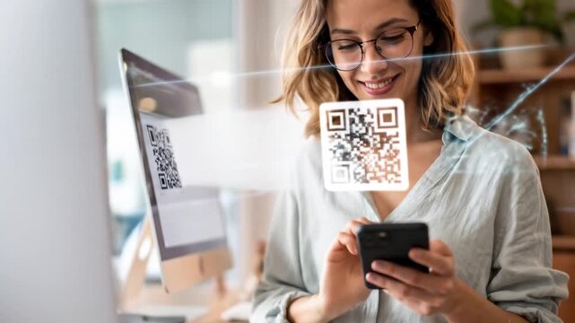 Smiling woman with glasses uses a smartphone to scan a floating QR code. A second QR code displays on monitor