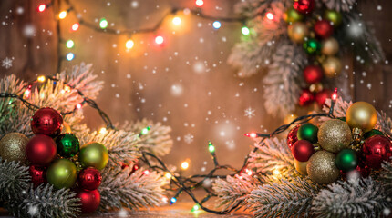 Christmas Baubles and Lights with Snow