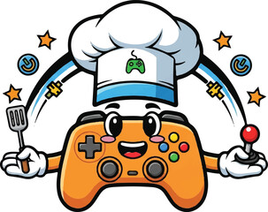 Cute Gamer Chef Mascot Holding Spatula and Joystick – Cartoon Gaming Logo Illustration