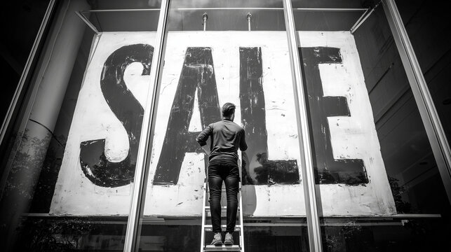 A retail worker putting up a large "SALE" sign on a window , Black Friday, photo style - Powered by Adobe