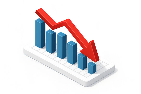 Decline in the Market: A visual representation of economic downturn, with a downward trending red arrow superimposed over a declining bar graph, symbolizing a market crash or financial setback.