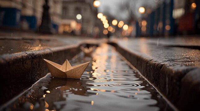 Paper Boat Floats in Rain