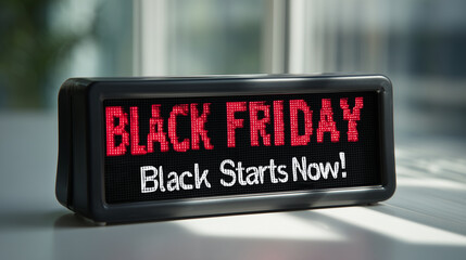 A digital countdown clock showing "Black Friday Starts Now!" , Black Friday, photo style