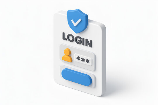 Secure Access: A 3D illustration of a digital login interface showcases secure access with a password, user, and a shield icon. The design signifies data protection and secure transactions.