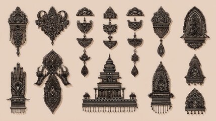 Collection of intricate, dark ornamental designs resembling traditional religious or architectural motifs