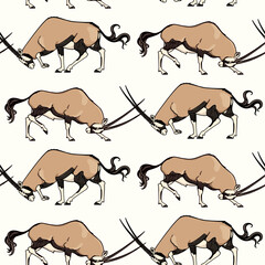 Vector seamless pattern with hand drawn male oryxes in a duel with their heads down and horns locked. Ink drawing, graphic style. Beautiful wild animal illustration, perfect for prints and patterns