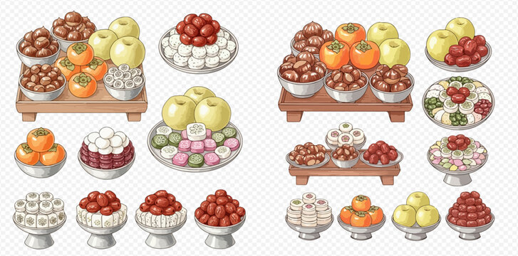 A vibrant collection of traditional Korean ceremonial foods including fruits, nuts, and colorful rice cakes arranged on stands and in bowls.