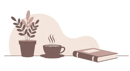 Cozy morning scene with a steaming cup of coffee and a book, beside a potted plant