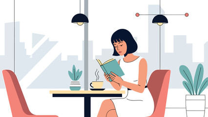 Woman engrossed in reading at a cafe, enjoying a peaceful moment.