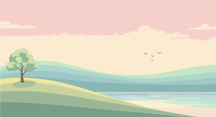 Tranquil minimalist landscape illustration of rolling green hills, a calm sea, and a single tree against a pastel pink sky