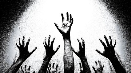 Desperate Hands Reaching Up in Dramatic Black and White perfect for editorial illustration, book cover, album art, protest material, psychological thriller