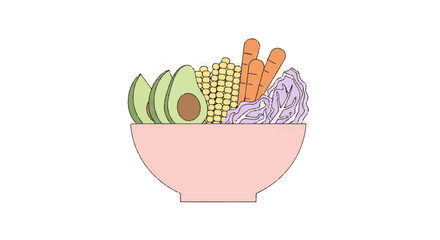 A colorful and healthy vegan food bowl with avocado, carrots, corn, and red cabbage, illustrating the concept of nutritious eating