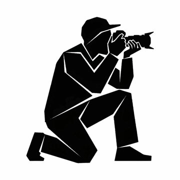 Geometric black silhouette of a kneeling photographer with a camera.