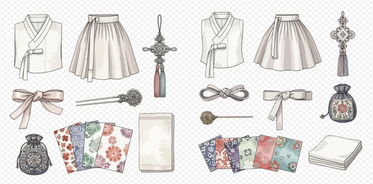 Detailed watercolor illustration of traditional Korean Hanbok garments, decorative accessories, and cultural artifacts like pouches and patterned fabrics.