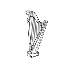 Harp illustration hand drawn in black line. 
