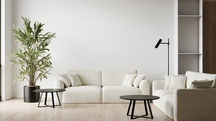 Living room in white color of the year cloud dancer 2026. Blank empty light room interior. Design in minimalist style. Modern sofas and minimalist furniture. Trend stylish lobby lounge. 3d render