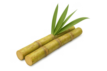 Raw sugar cane stalks with green leaves, naturally sweet ingredient for food and beverage production, transparent background