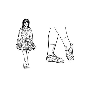 Irish dancer illustration and Irish dancing shoes next to it. Separate vectors hand drawn in black.