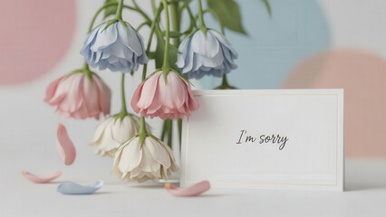Sorry card with pastel flowers in glass vase on soft background