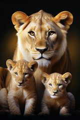 Lioness and her two cubs in vertical linear perspective. Minimalist and delicate. Black background. Luxurious and delicate decoration. AI-generated image.