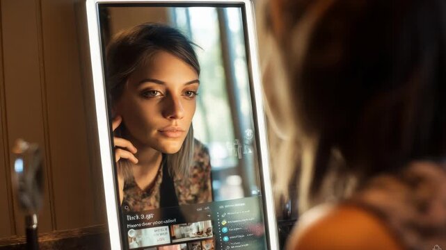 Woman looking at herself in a modern mirror with a digital display