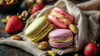 Bright green pink and purple macarons filled with cream sit alongside fresh strawberries on a rustic cloth. The setting features a dark wooden table creating an inviting atmosphere.