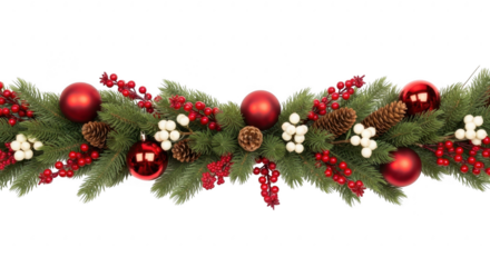 Christmas garland with ornaments, berries, and pine cones, isolated on transparent background