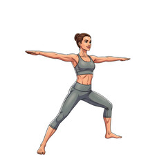 Obraz premium Fit athletic woman confidently holding Warrior Two yoga pose demonstrating strength and balance in sportswear